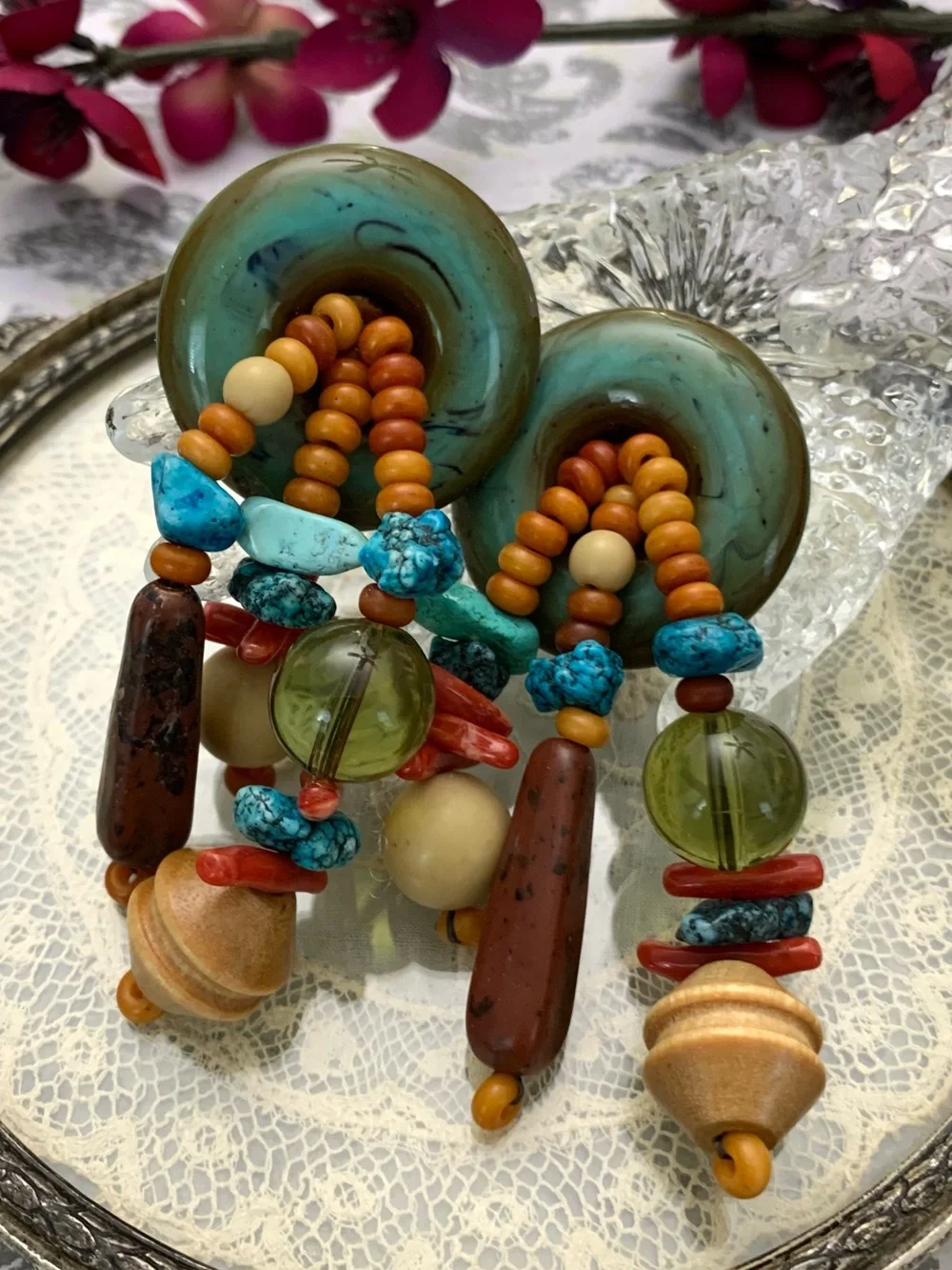 Vintage Runway Les Bernard Signed Turquoise Coral Disc Beads Statement Earrings
